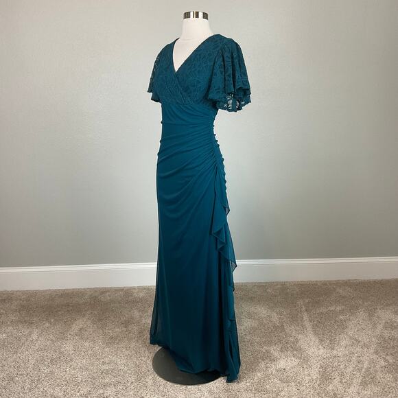 Betsy & Adam Lace and Chiffon Evening Gown Green Size 4 Short Flutter Sleeves - Picture 4 of 13